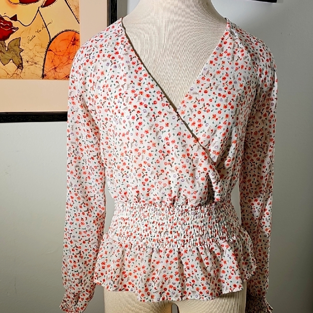 Floral Faux Wrap Blouse - White and Red Smocking. Long Sleeves. Size Small Japna